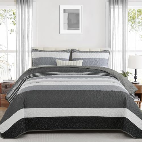 Dinjoy Boho Quilt Set Queen - Black White with Grey Striped