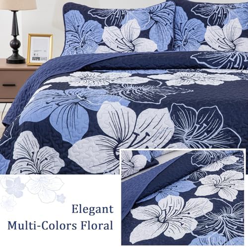 DJY 3 Piece Quilt Set California King Navy Blue Floral Pattern