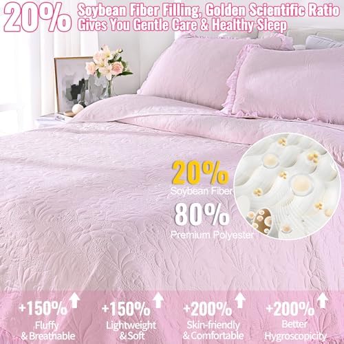 Uspring Pink Ruffled Floral Queen Comforter Set 3 Piece
