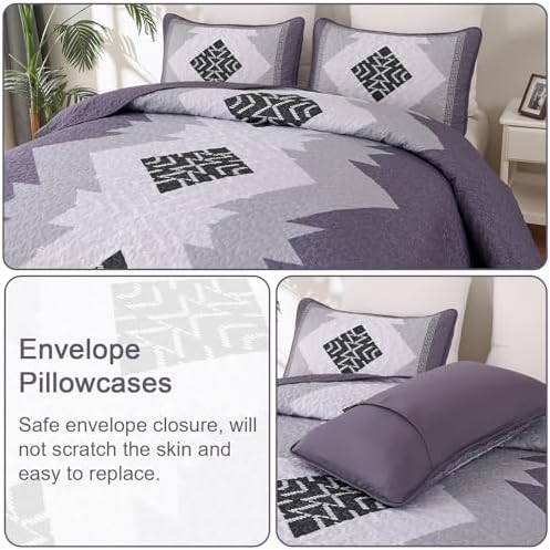 Dintszyayue Boho Quilt Set Queen 3 Pieces Purple Aztec
