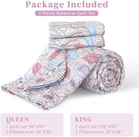 Heymybed Botanical Quilt Set Queen Size Pink Floral