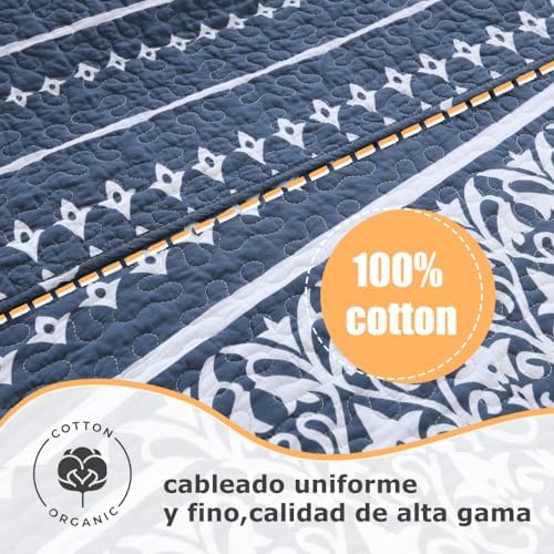 Qiqiong Queen Quilt Set Navy Blue White Striped