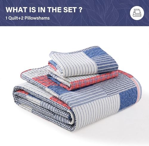SahSahCasa King Quilt Set 3Pcs Blue Red White 1