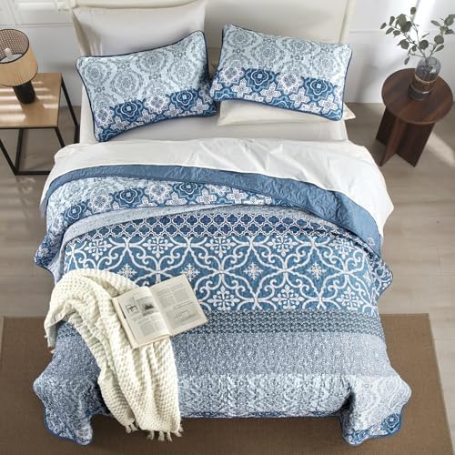 DJY Boho Quilt Set Queen Size 3 Pieces Navy Blue