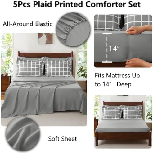 CozyLux Twin XL Plaid Comforter Set Grey 1