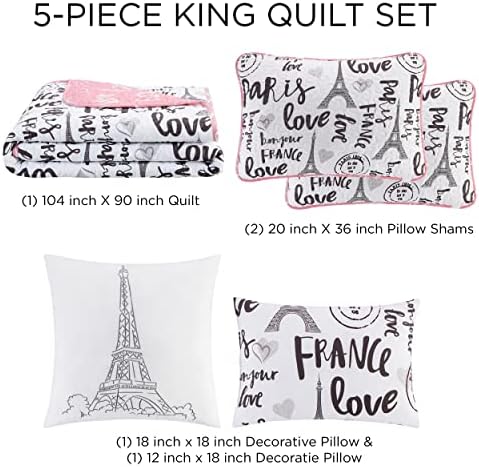 5-Piece Quilt Set King Bonjour Paris PinkWhiteBlack