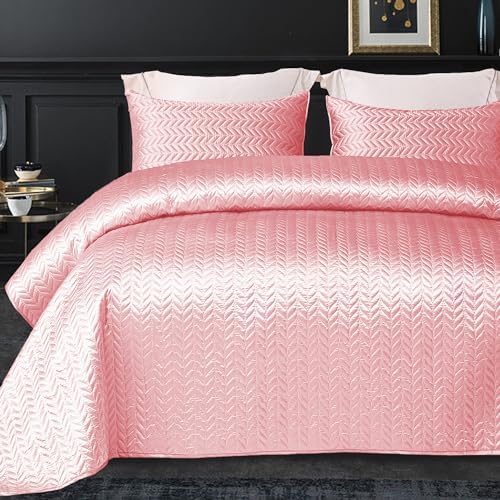 Whale Flotilla Silky Soft Satin Quilt Set Queen Size Pink