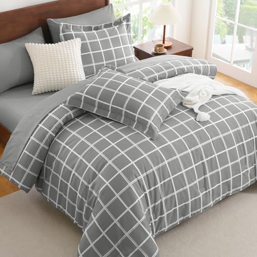 CozyLux Twin XL Plaid Comforter Set Grey 1