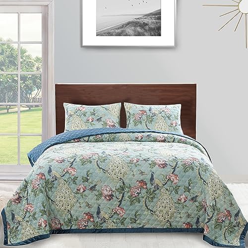 Benjara Eden Twin XL Quilt Set Peacock and Songbirds Microfiber Green and Blue