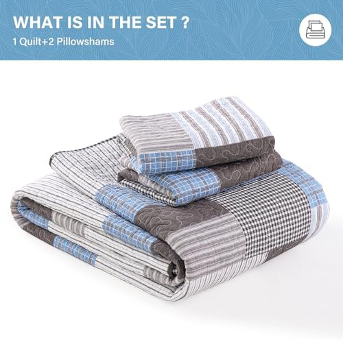 SahSahCasa King Size Quilt Set 3Pcs Taupe Blue White