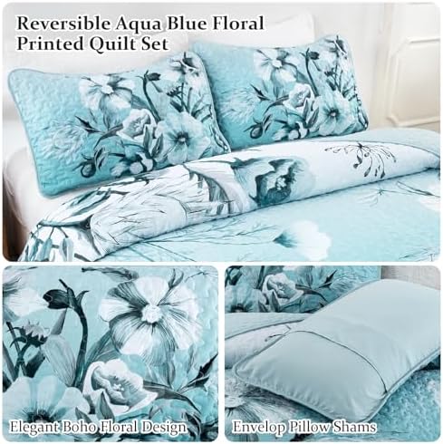 Drucon Blue Floral Quilt Set 3 Piece King Size