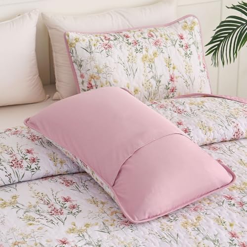 Anibedding King Size Quilt Set with Pink Floral Pattern 1