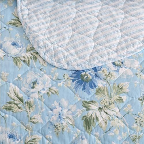 Laura Ashley Quilt Set with Scalloped Edges Peony Garden Blue FullQueen