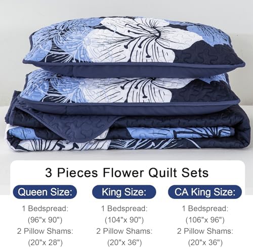 DJY 3 Piece Quilt Set California King Navy Blue Floral Pattern