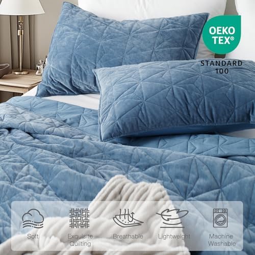 Twin Luxury Velvet Quilt Set - Navy Blue 68x86
