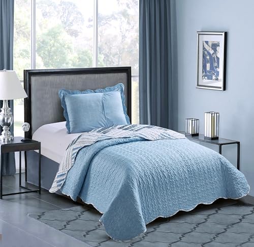 Brilliant Sunshine Blue Grey Stripe Quilt Set Twin 2-Piece with Sham