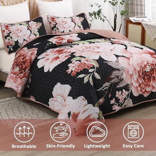WONGS BEDDING Black Floral Queen Quilt Set 3 Piece