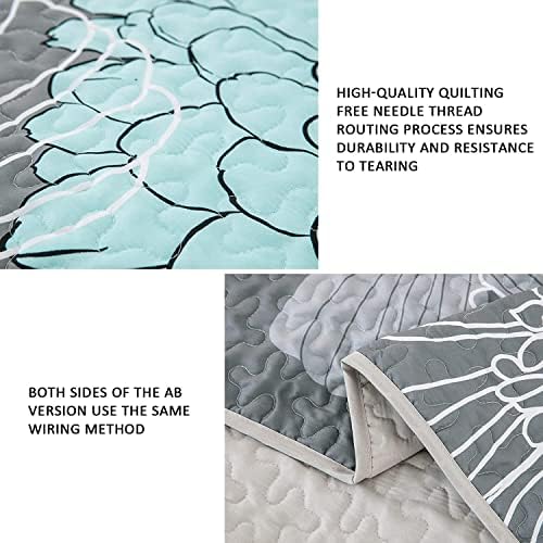 Yiran Grey Aqua Floral Queen Quilt Set 3pcs