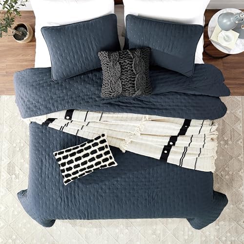 ROARINGWILD Navy Blue Queen Quilt Set with Pillow Shams - 3 Piece 90x90 Inches