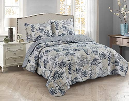 Brilliant Sunshine Blue Toile Quilt Set with 2 Shams