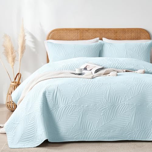 OARAGE Aqua Blue Twin Quilt Set with Leaf Pattern