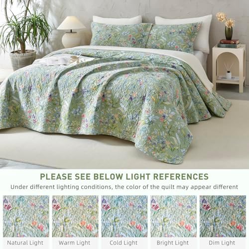 Lady Ann Green Floral 100 Cotton Queen Quilt Set