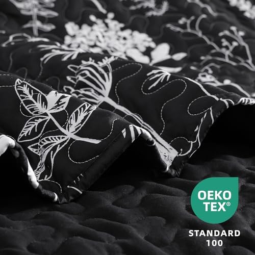JANZAA Queen Size Quilt Set with Floral Pattern - Black 1