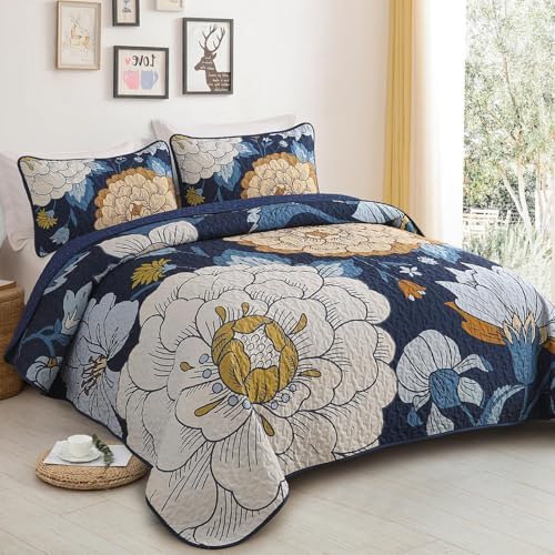 DJY Navy Floral Quilt Set 3 Piece Boho