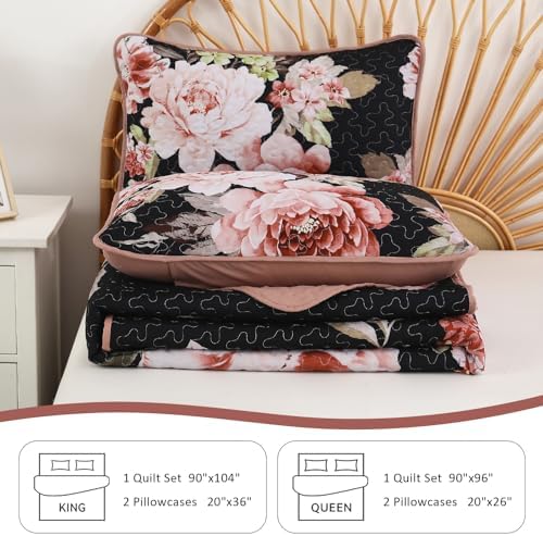 WONGS BEDDING Black Floral Queen Quilt Set 3 Piece