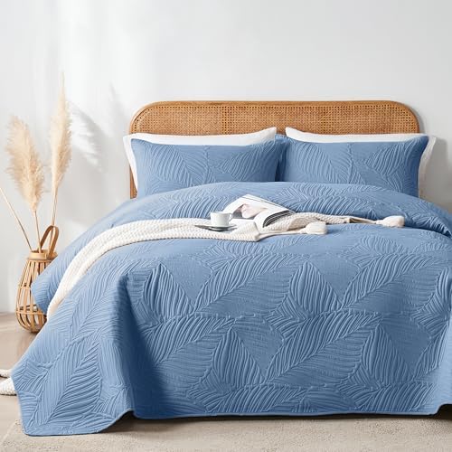 OARAGE Queen Quilt Set Soft Lightweight Bluish Grey with Leaf Pattern
