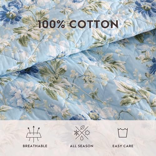 Laura Ashley Quilt Set with Scalloped Edges Peony Garden Blue FullQueen
