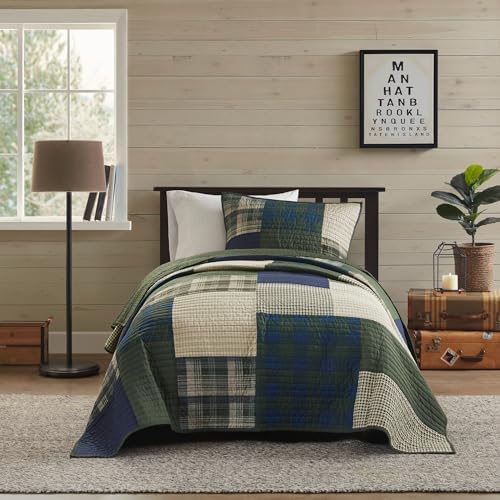 Woolrich Quilt Set - Patchwork Channel Quilting 2 Piece Twin XL Green