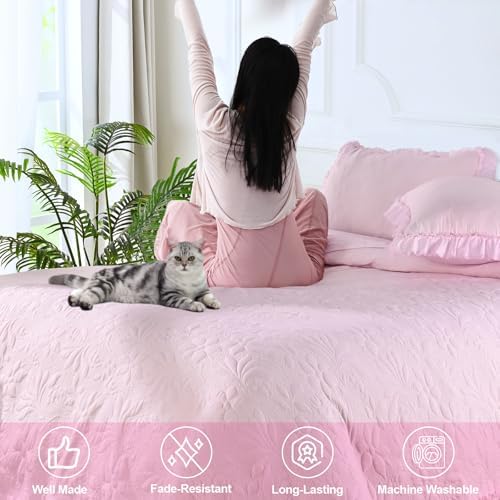 Uspring Pink Ruffled Floral Queen Comforter Set 3 Piece