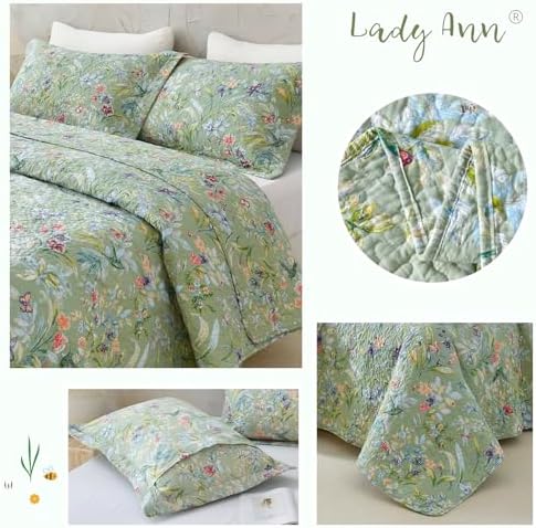 Lady Ann Green Floral 100 Cotton Queen Quilt Set