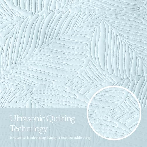 OARAGE Aqua Blue Twin Quilt Set with Leaf Pattern
