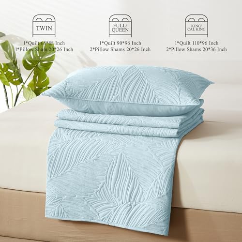 OARAGE Aqua Blue Twin Quilt Set with Leaf Pattern