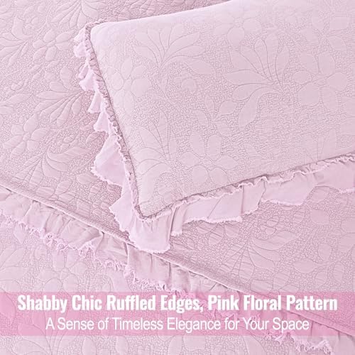 Uspring Pink Ruffled Floral Queen Comforter Set 3 Piece