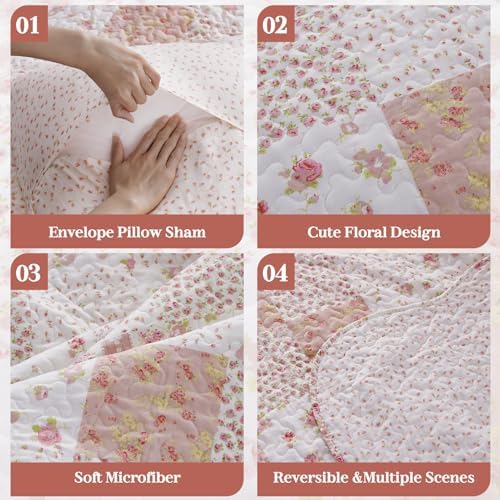 KASENTEX Twin Quilt Set 86x68 Pink Floral Patchwork