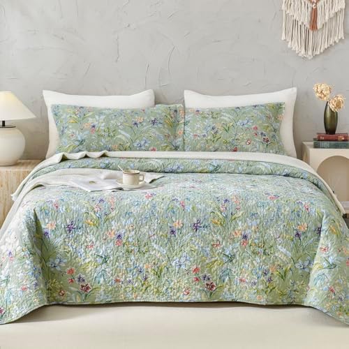 Lady Ann Green Floral 100 Cotton Queen Quilt Set