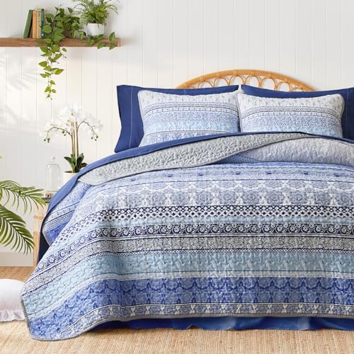 3 Piece Bohemian Quilt Set King Size Blue Grey Striped