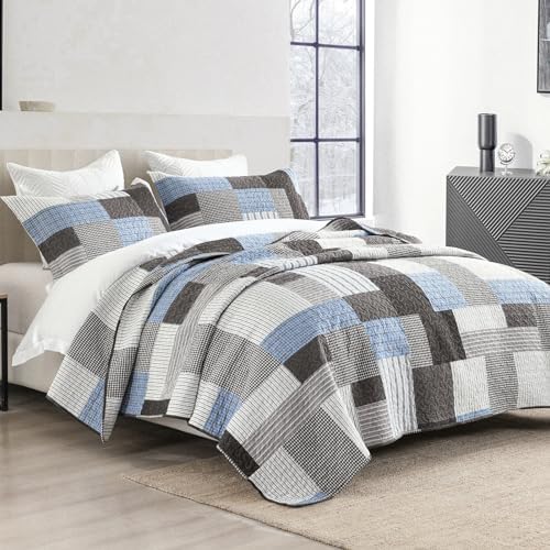 SahSahCasa King Size Quilt Set 3Pcs Taupe Blue White
