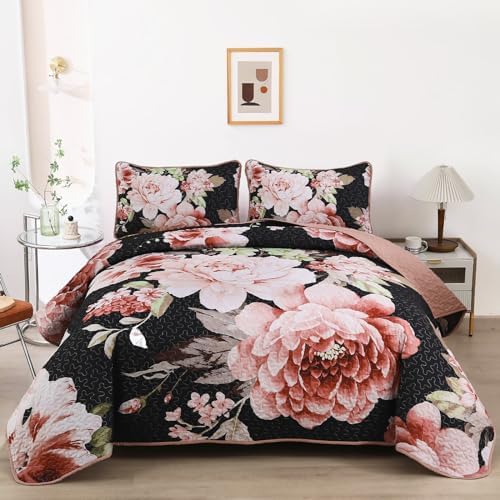 WONGS BEDDING Black Floral Queen Quilt Set 3 Piece