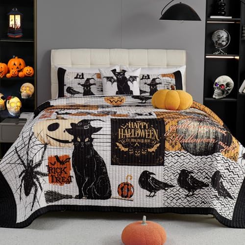 EVENHUG Halloween Queen Quilt Set with Pillow Shams 1