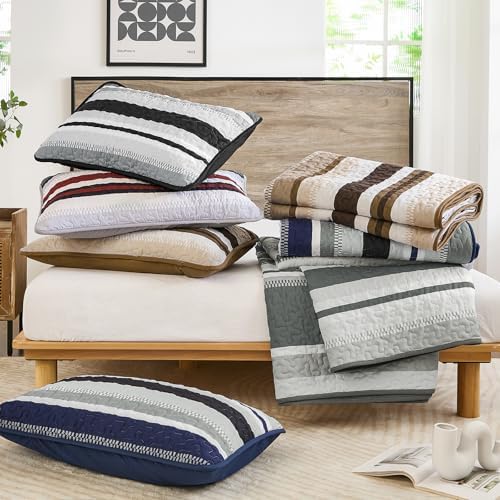 Wongs Bedding King Quilt Set 3 Pieces Black Striped Bedspread Coverlet with Shams