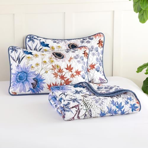 Yiran Blue Floral Queen Quilt Set 3-Piece
