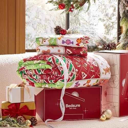 Bedsure Christmas Quilt Set King - Red and Multicolor