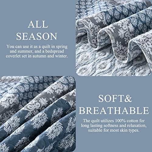 DDUOXIN Floral Quilt Set - Reversible Cotton King Quilt with 2 Pillow Shams