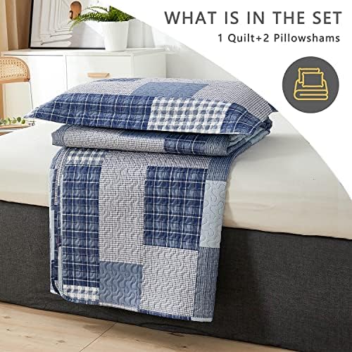 Jarson Light Blue Plaid Quilt Set 3Pcs King Size Reversible