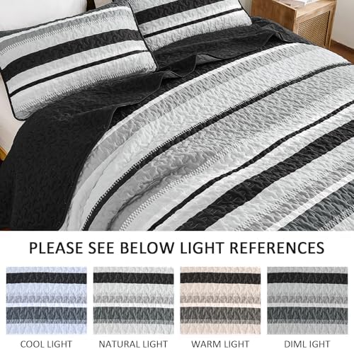 Wongs Bedding King Quilt Set 3 Pieces Black Striped Bedspread Coverlet with Shams
