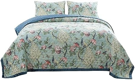Benjara Eden Twin XL Quilt Set Peacock and Songbirds Microfiber Green and Blue